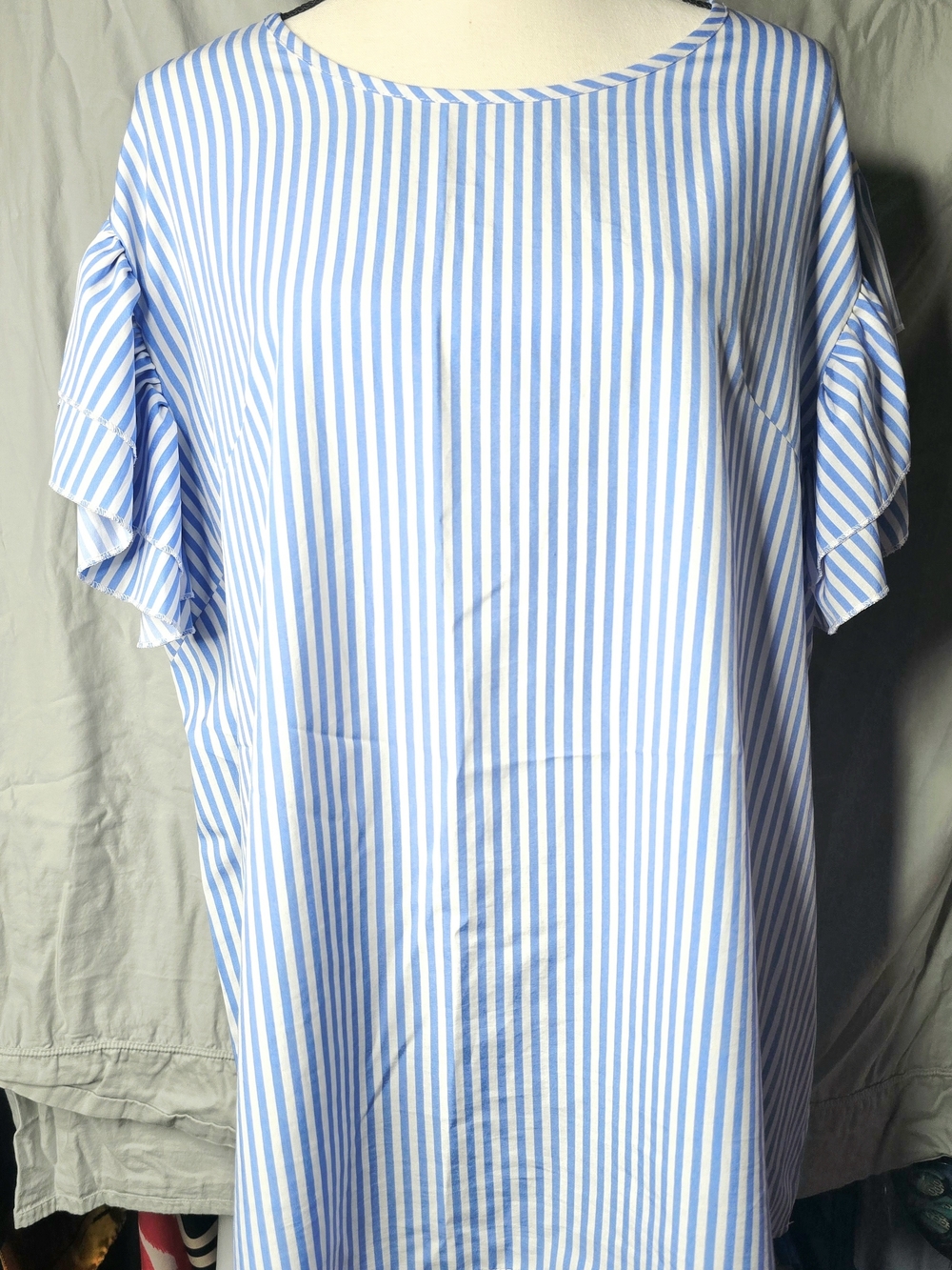 SHEIN Blue & White Vertical Stripe Ruffle Sleeve Blouse